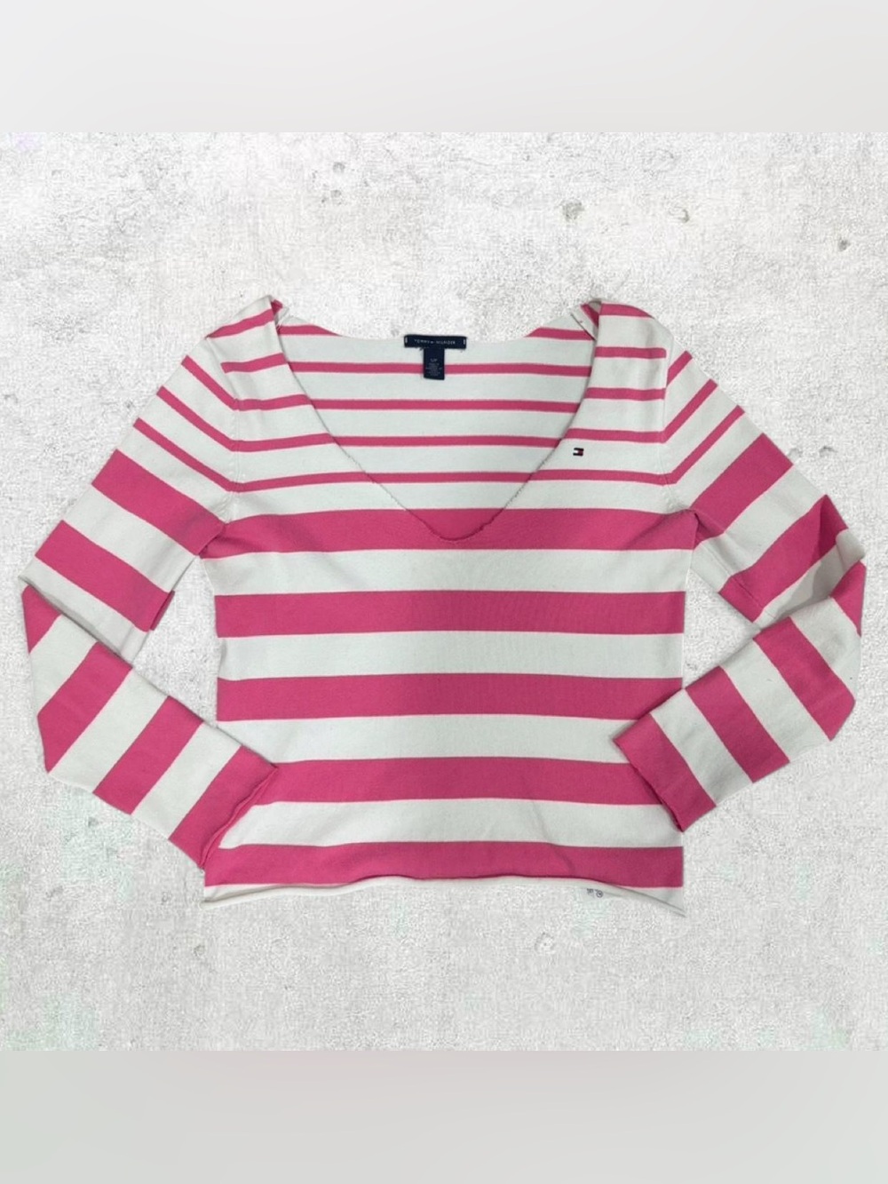 Y2K Tommy Hilfiger Pink and White Striped Semi off the Shoulder Top